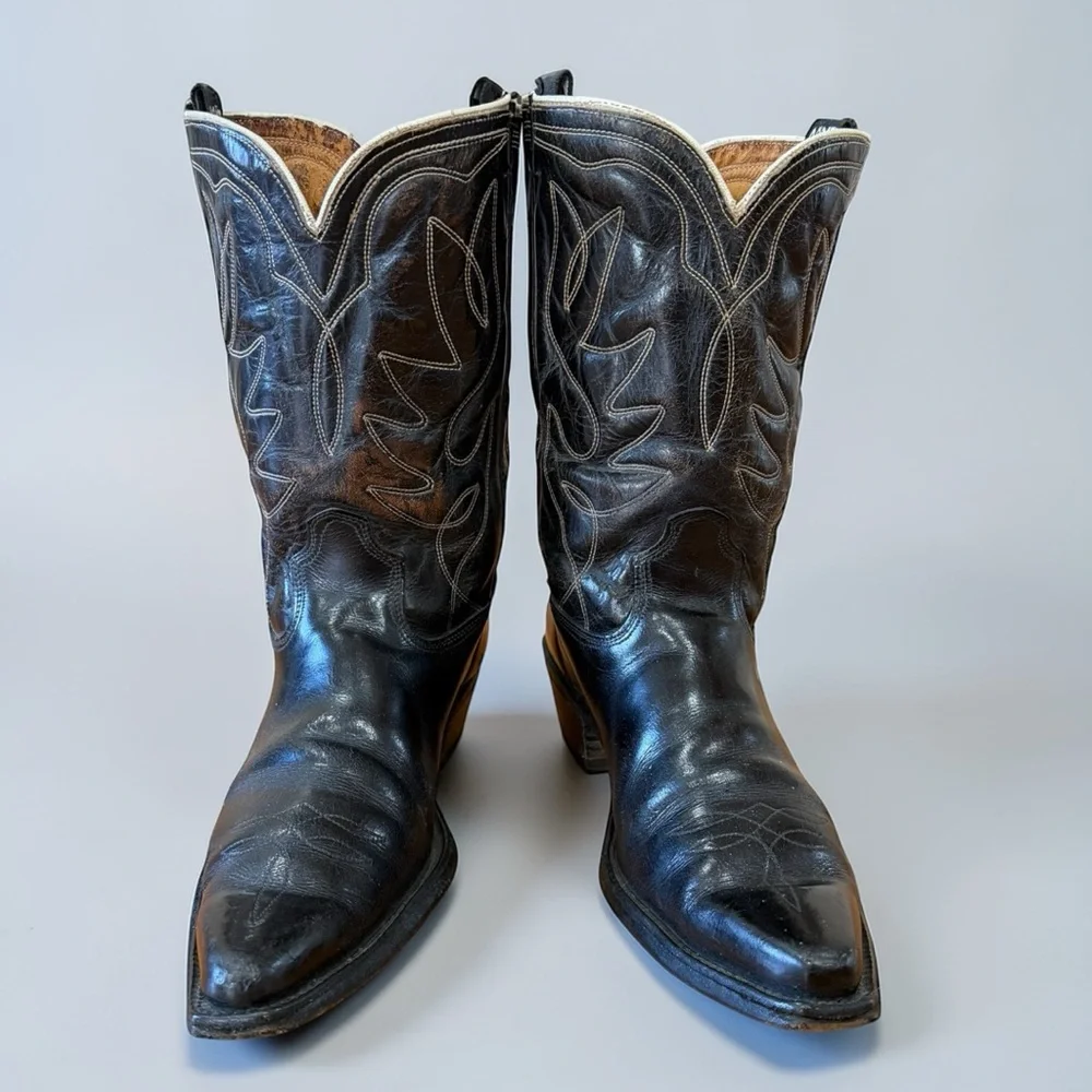 1960s • Acme Classic Western • Men’s 12 B • Vintage Cowboy Boots Cloth Pulls - Picture 6 of 8